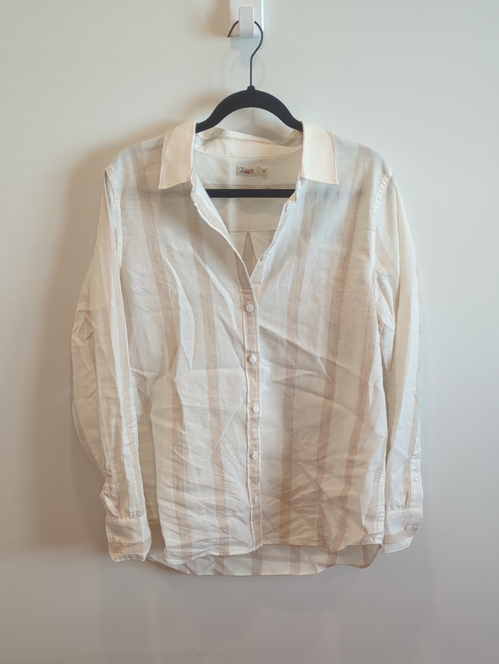 Coastal Minimalist Preppy Boho Faherty White Cream Stripe Linen Button Up Large - Picture 2 of 7